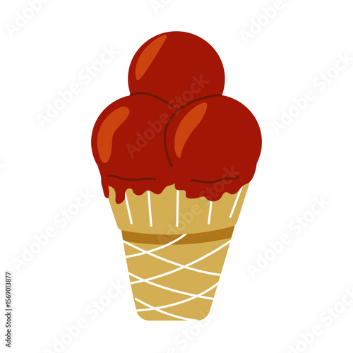 Three scoops of rich chocolate ice cream topped with a glossy chocolate sauce in a waffle cone at a sunny park
