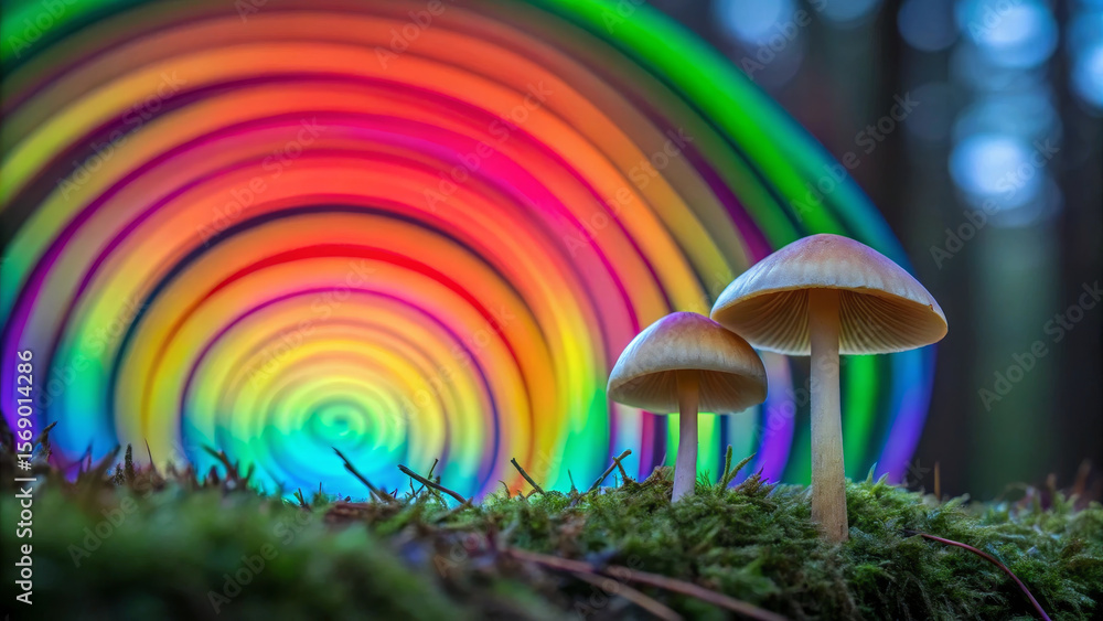 Fototapeta premium Psilocybin concept ,Psychedelic mushroom with colorful spiral light in forest, vibrant nature scene with glowing effect