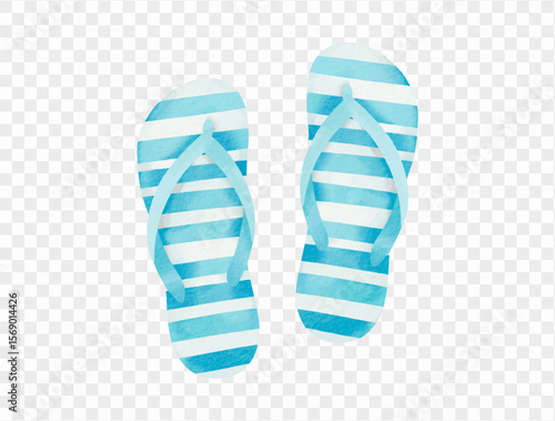 Watercolor blue striped flip flops, summer beach footwear, vacation travel icon, isolated on white vector.