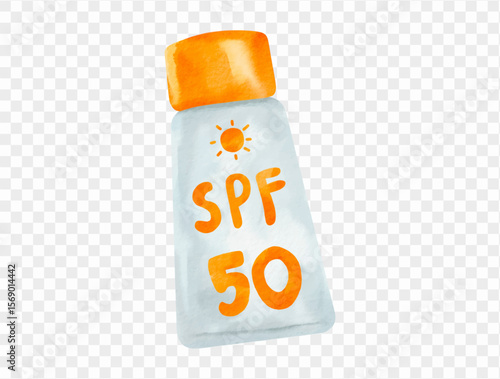 Watercolor SPF 50 sunscreen bottle illustration, summer skincare protection product, hand-painted vector.