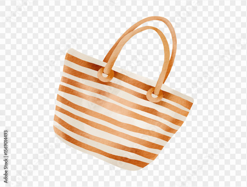 Watercolor striped beach bag in brown and white, summer vacation accessory, hand-painted vector.