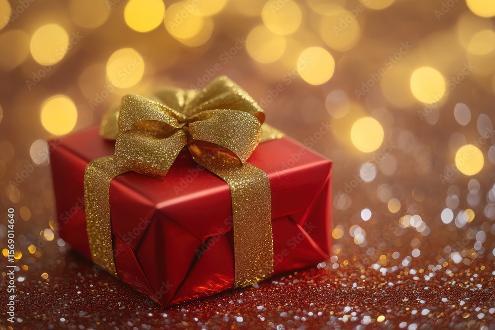 Isolated red gift with radiant golden bow and glitter bokeh background, 3D product visual Isolated red gift with radiant golden bow and glitter bokeh background, 3D product visual