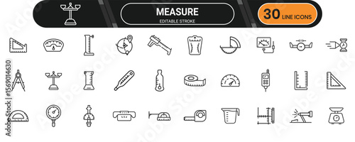 Measure line icon set. Containing ruler, scale, weight, metric, length, distance, height, width, volume and more. Editable stroke. Vector illustration.