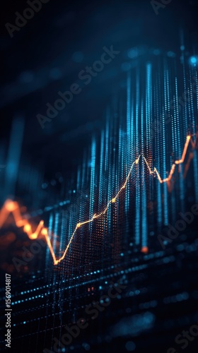 Abstract digital graph with orange line over blue vertical bars on a dark background design art