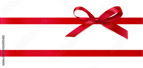 Decorative Christmas red bow with horizontal ribbon isolated on white. Beautiful new year decoration for your design. Vector stock illustration.