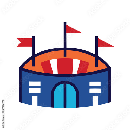 Cartoon Stadium Icon with Flags and Entry Gate