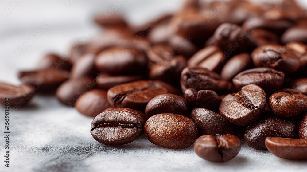 Naklejka premium Premium coffee beans scattered on marble surface