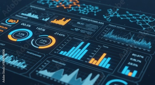 Futuristic digital dashboard displaying complex data and analytics
