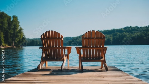 Empty wooden Adirondack chairs on a lake dock, peaceful summer view