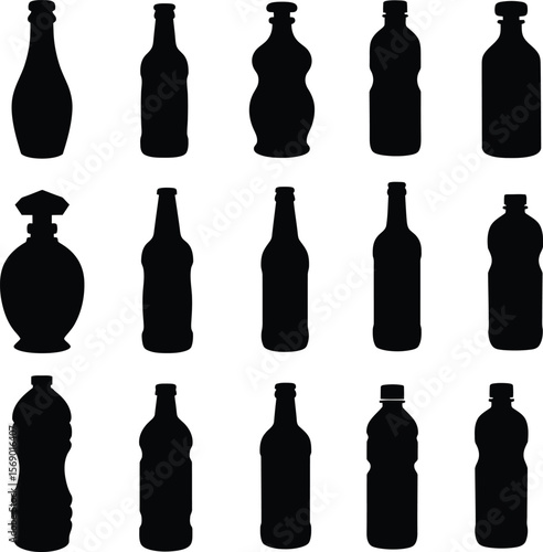 Bottle Silhouette Icon Set Featuring Various Glass and Plastic Container Shapes for Beverages, Perfume, Cosmetics, Wine, Medicine, and Water Packaging Design Mockups and Vector Graphics.