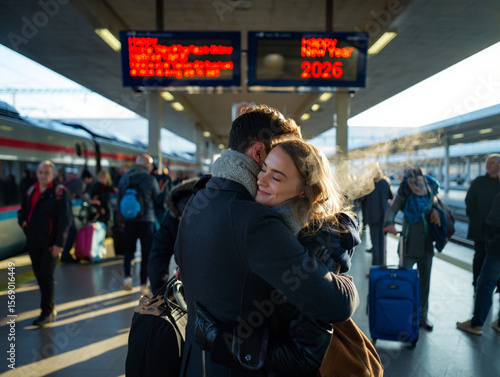 Joyful Couple Reunited at Train Station, Warm Embrace, Winter Travel, Happy New Year 2026