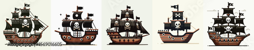 Vintage Pirate Ship with Black Sails and Skull Flag – Flat Vector Illustration