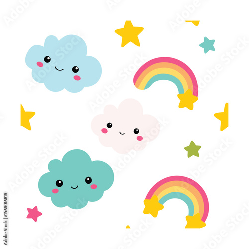 Kawaii Cloud and Rainbow Seamless Pattern Design