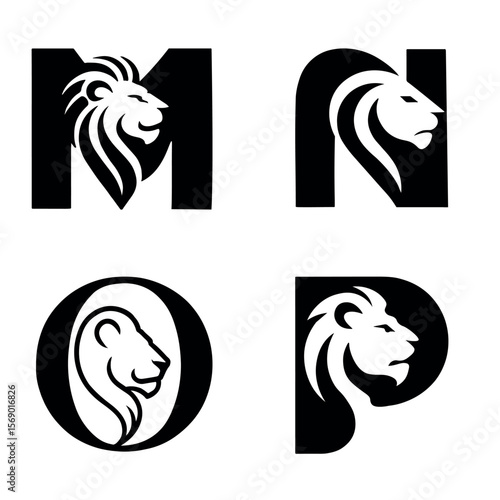 Modern lion head letter monograms designed with letters M, N, O, and P — fierce vector illustrations for bold branding, mascots, and standout graphic identity systems