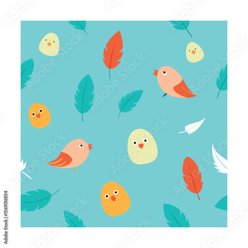 Seamless Bird Egg Feather Pattern in Cute Style