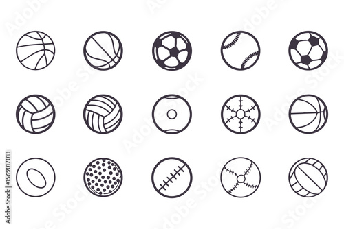 Sports balls line icon set. Vector outline symbols of basketball, soccer, football, volleyball, and tennis for sport game design.