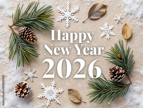 Happy New Year 2026: Festive Winter Flatlay with Pine, Snowflakes, and Dried Leaves.