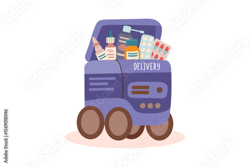 Medicine robot delivery clipart isolated on white. Medicine, delivery, technology, robotics, innovation, healthcare concepts. Vector clipart in flat style.