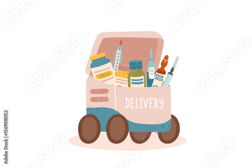 Clipart of medicine robot delivery isolated on white. Medicine, delivery, technology, robotics, innovation, healthcare concepts. Vector clipart in flat style.