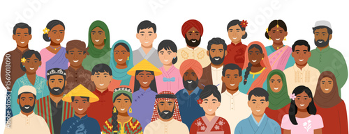 Asian ethnicities people. Portraits of men and women of different asian nationalities. Concept of equality, diversity, inclusion. Vector flat background.