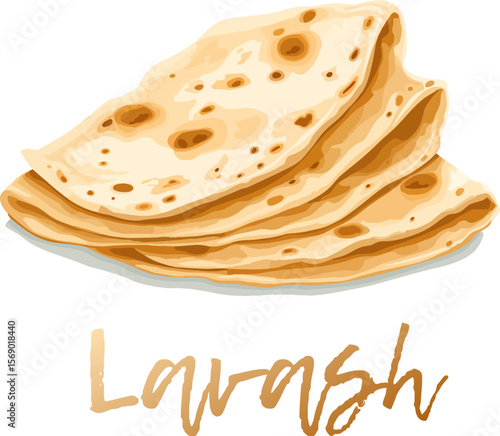 Cartoon Pita Bread Stack Vector Icon Isolated on White Background. Colorful illustration of a stack of fluffy pita bread. Round, leavened flatbreads are depicted in a warm golden brown color. 