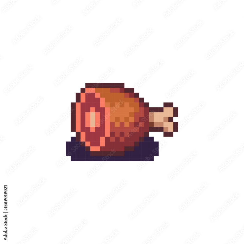 Pixel art of a juicy roasted meat leg or chicken drumstick, food item for retro-style games, inventory icons, or health pickups.