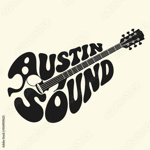 Austin Sound guitar graphic in retro style with musical elements  
