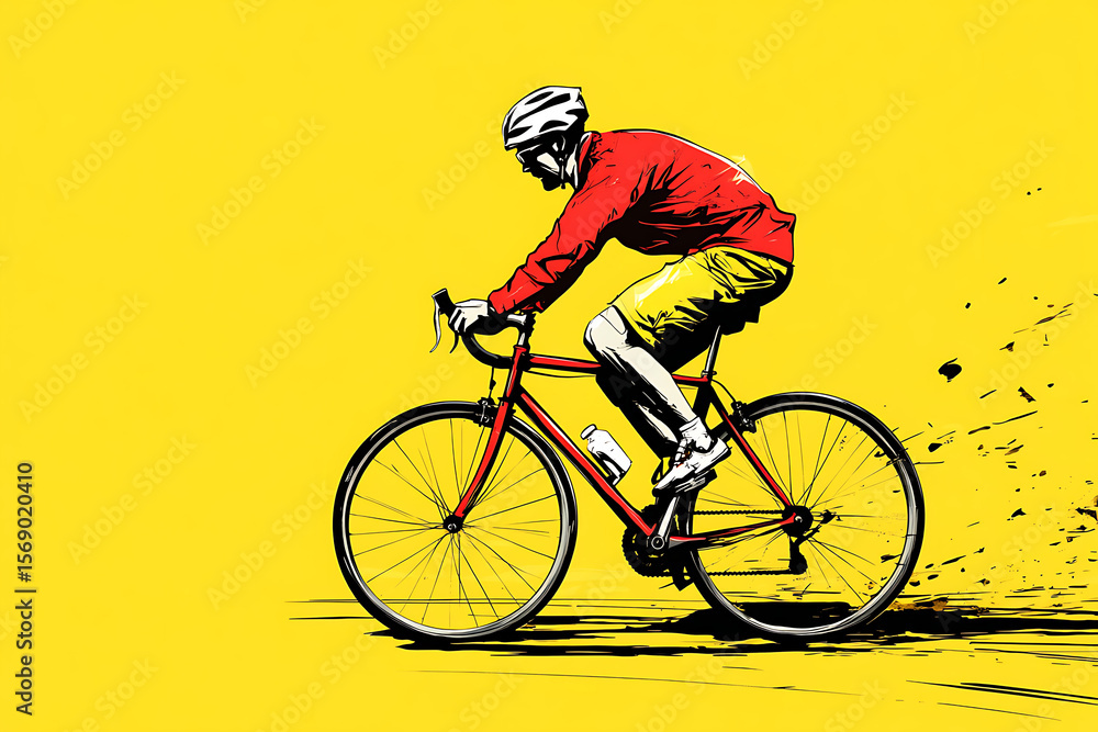 Fototapeta premium Cyclist in Red Jersey Riding Fast on Yellow Background with Motion Blur Effects