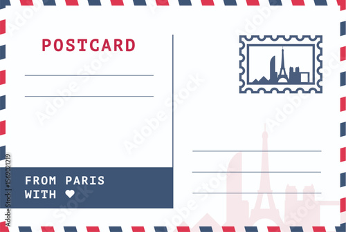From Paris, France postal card template. Vector postcard illustration with stamp, landmark, message. Simple flat greetings image layout