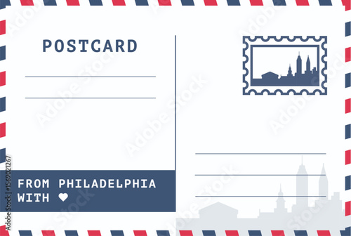 From Philadelphia, USA postal card template. Vector postcard illustration with stamp, landmark, message. Simple flat greetings image layout