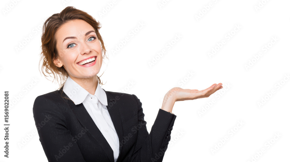 Smiling businesswoman in a suit, gesturing welcomingly, white isolated background. Smiling businesswoman in a suit, gesturing welcomingly, white isolated background.