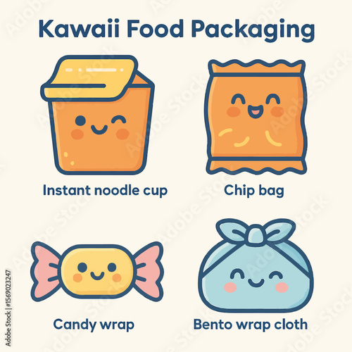 Four kawaii food packaging illustrations: noodle cup, chip bag, candy wrap, and bento cloth.