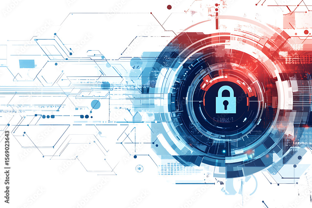 Fototapeta premium Digital padlock icon surrounded by abstract technology circuitry in blue and red, overlaid on white background