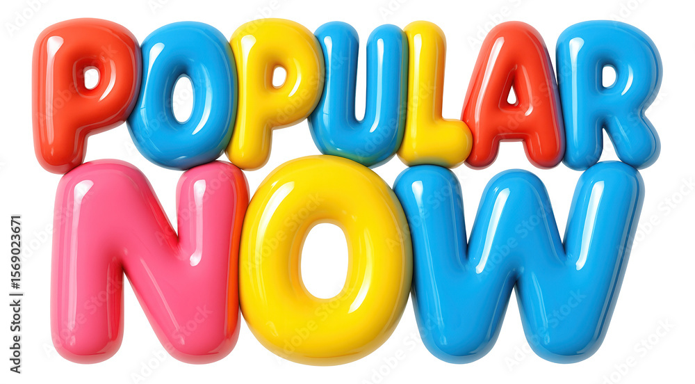 Fototapeta premium Colorful bubble text sticker with POPULAR NOW in glossy, vibrant style for an eye-catching promo offer on transparent background.