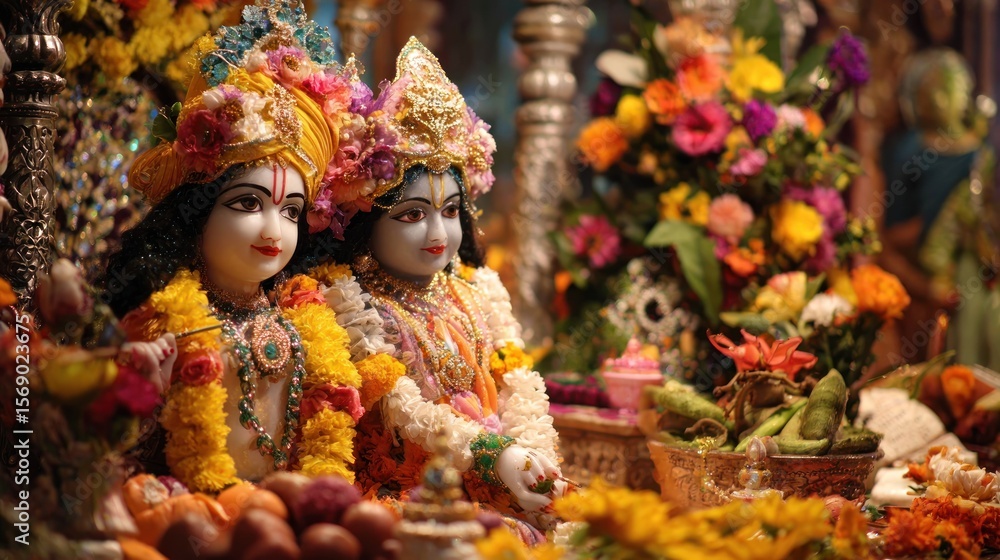 Ornate religious figurines with floral decorations close up Ornate religious figurines with floral decorations close up