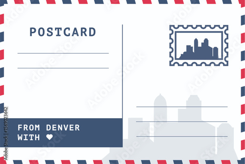 From Denver, USA postal card template. Vector postcard illustration with stamp, landmark, message. Simple flat greetings image layout