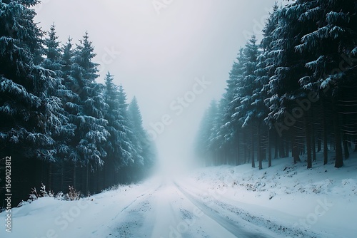 Snowy Road Through Foggy Winter Forest, Snow Covered Pine Trees, Serene Landscape