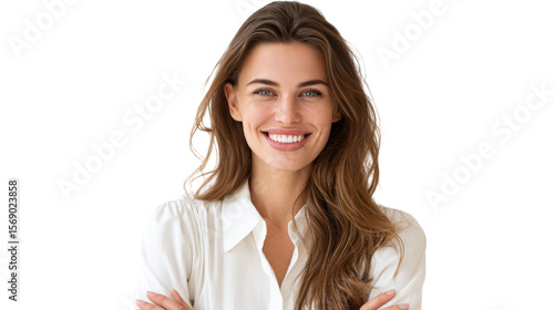 Smiling woman with long hair, wearing a white shirt, arms crossed, isolated on white background.