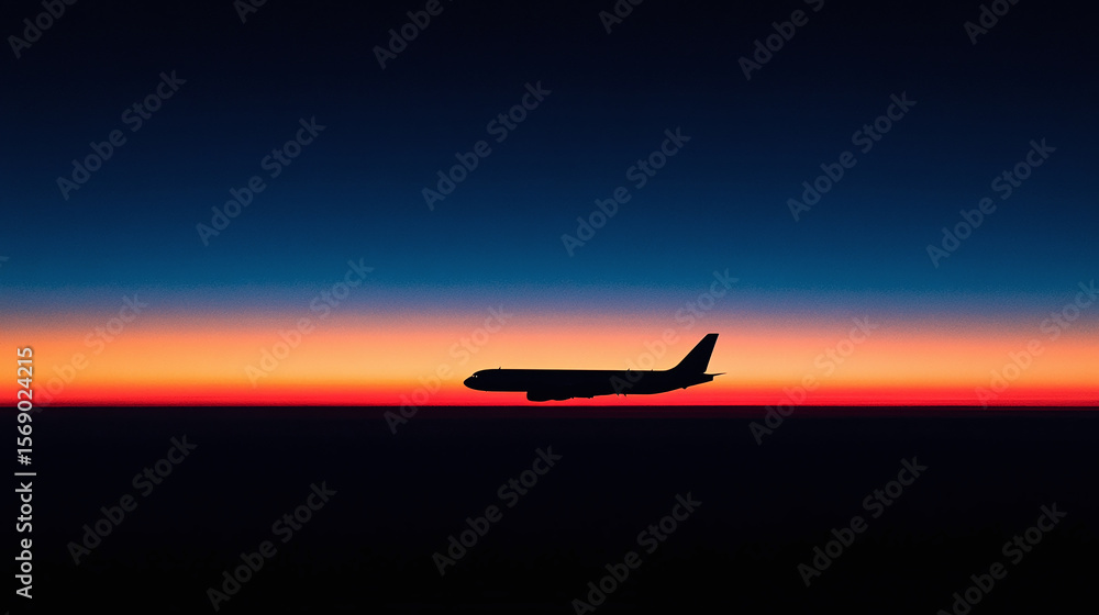 A passenger airplane silhouetted against a stunning sunset sky, with shades of orange and pink blending into deep blue, capturing the beauty of travel during twilight A passenger airplane silhouetted against a stunning sunset sky, with shades of orange and pink blending into deep blue, capturing the beauty of travel during twilight