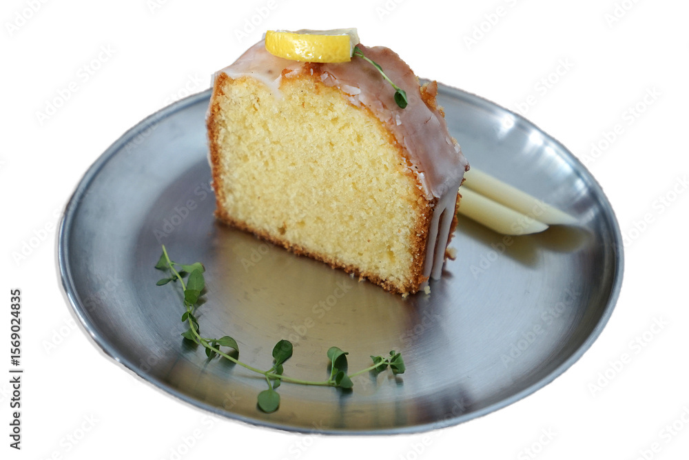 Isolated of Lemon pastry cake on aluminum plate Isolated of Lemon pastry cake on aluminum plate