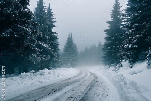 Snowy Road Through Foggy Winter Forest, Snow Covered Trees