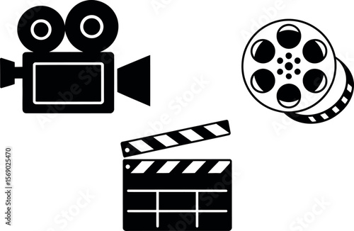 Vector Filmmaking Icons: Clapperboard, Camera, Film Reel
