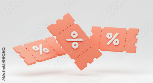 Three modern coral colored discount coupons with white percentage symbols floating against a clean white background