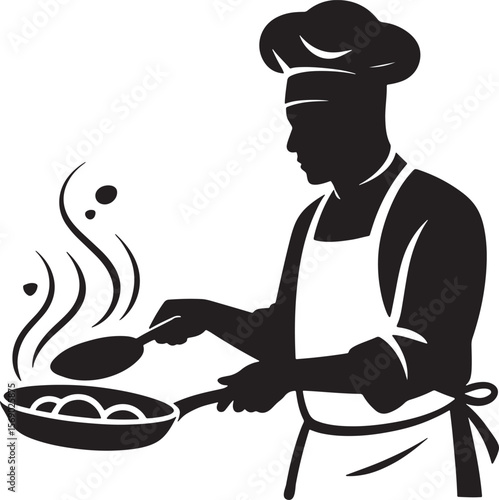 Silhouette of Chef Cooking Food in Frying Pan with Steam Isolated on White Background for Kitchen Art