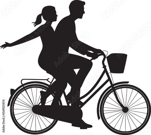 Silhouette of Couple Riding Bicycle Together with Woman Sitting on Back Isolated on White Background
