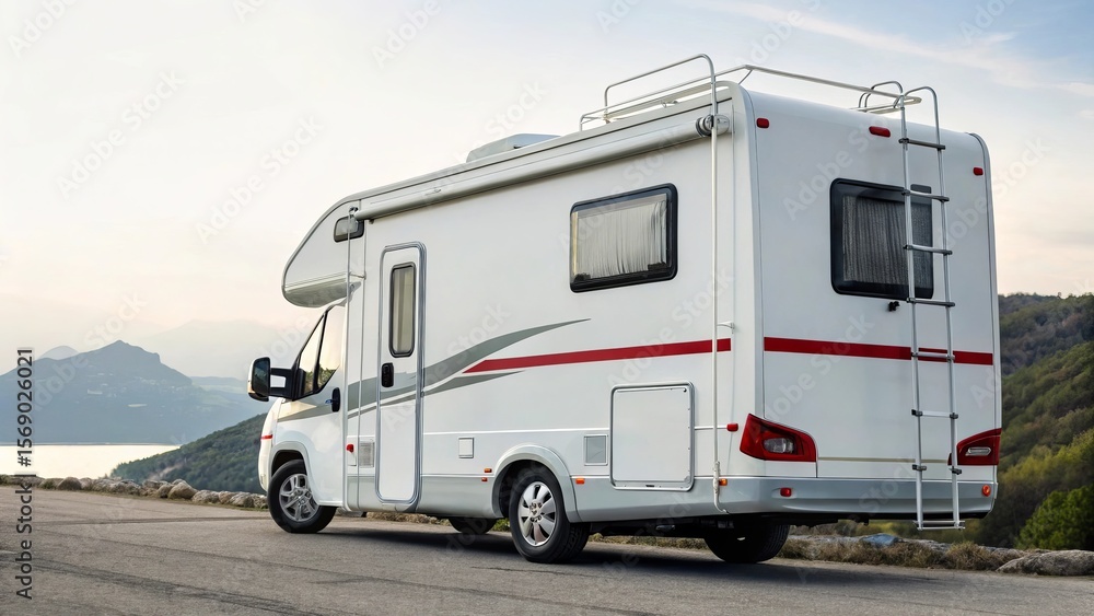 Naklejka premium Modern white motorhome parked on a scenic road overlooking a tranquil lake and rolling hills
