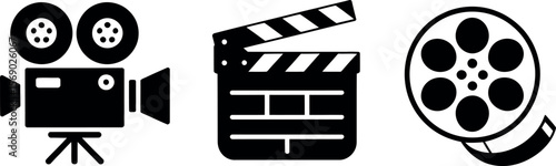 Vector Filmmaking Icons: Camera, Clapperboard, Film Reel