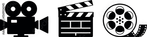 Vector Filmmaking Icons: Clapperboard, Camera, Film Reel