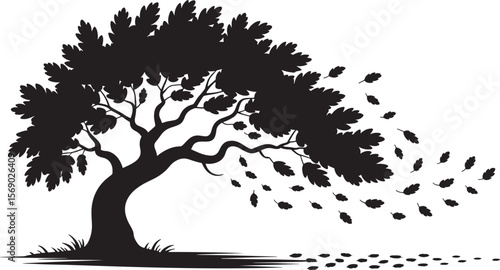Silhouette of Tree with Blowing Leaves