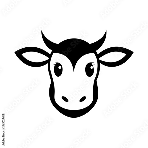 Minimalist cow face icon with round lines for milk products and agriculture design